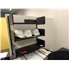 Image 6 : L-Shaped Wooden Desk w/ 4 Drawers 71" x 71" x 23" x 30"H & Wall Shelving Unit & Rolling Chair (conte