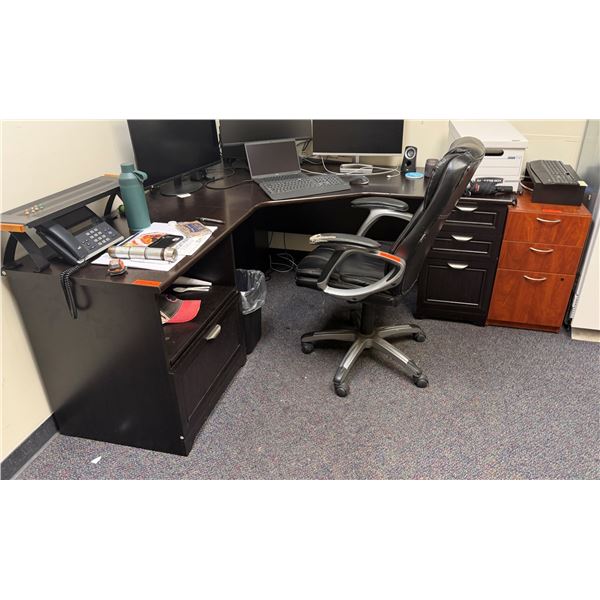 L-Shaped Wooden Desk w/ 4 Drawers 71" x 71" x 23" x 30"H & Filing Cabinet & Rolling Chair (contents 
