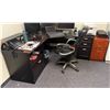 Image 1 : L-Shaped Wooden Desk w/ 4 Drawers 71" x 71" x 23" x 30"H & Filing Cabinet & Rolling Chair (contents 