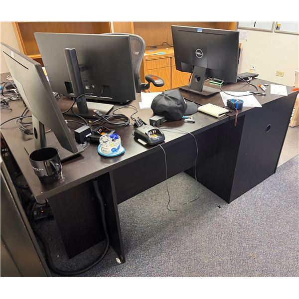 L-Shaped Wooden Desk w/ 4 Drawers 71" x 71" x 23" x 30"H & Rolling Chair (contents not included)