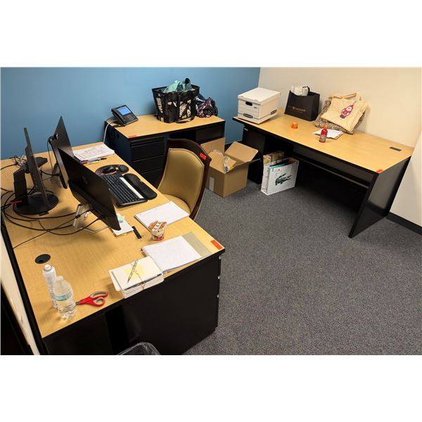 Qty 2 Rectangular Desks, Table w/ Filing Undercabinets & Rolling Chair, Misc Sizes (contents not inc