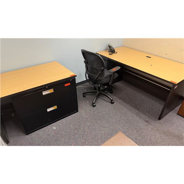 Qty 3 Desks, 2-Drawer Lateral Filing Cabinet & Rolling Chair, Misc Sizes (contents not included)