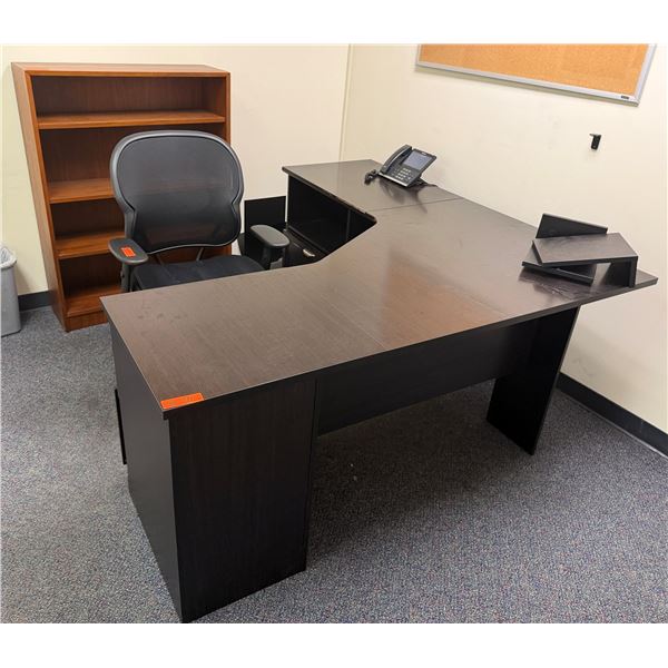 L-Shaped Wooden Desk w/ 4 Drawers 71" x 71" x 23" x 30"H & Book Shelf & Rolling Chair (contents not 