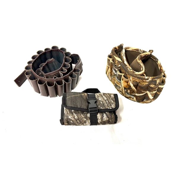 3-PIECE 12 GA SHOTGUN SHELL BELT & AMMO POUCH LOT — LEATHER BELT — CAMO BELT [x=#8