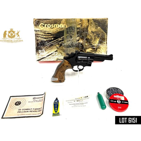 VINTAGE CROSMAN MODEL 38C COMBAT-TARGET .177 CAL PELGUN REVOLVER — ORIGINAL BOX, MANUAL & A