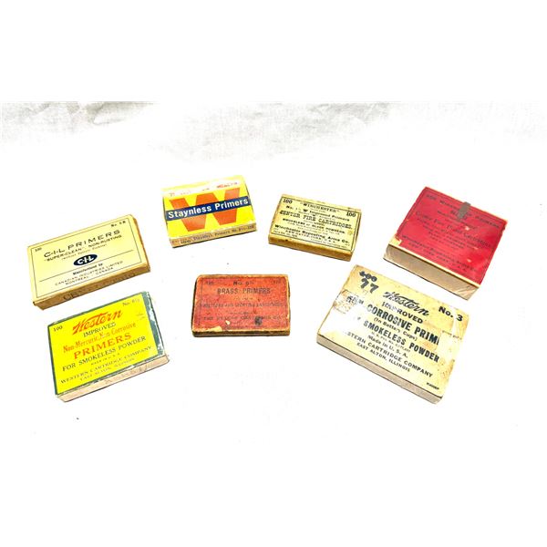 LOT OF 7 VINTAGE PRIMER BOXES — WINCHESTER, WESTERN, C-I-L & PETERS — COLLECTOR / 