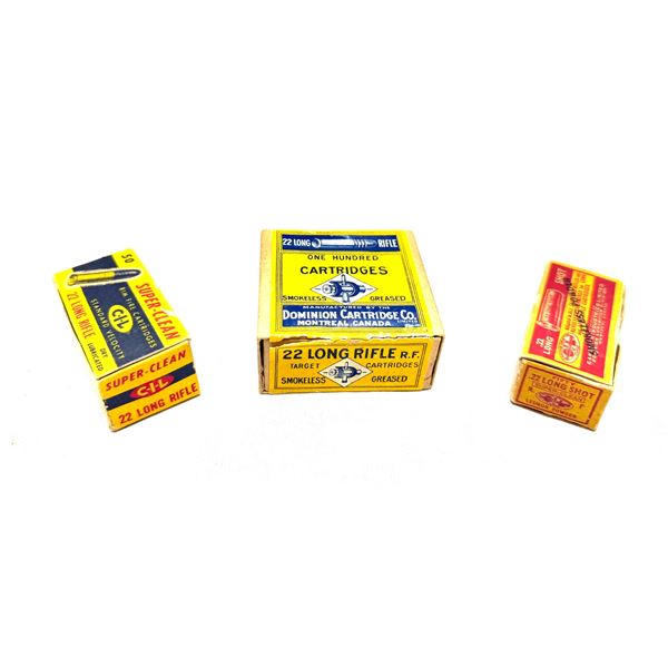 VINTAGE CANADIAN .22 RIMFIRE AMMO LOT -C-I-L SUPER-CLEAN & DOMINION TARGET / LONG SHOT -3 BOXES