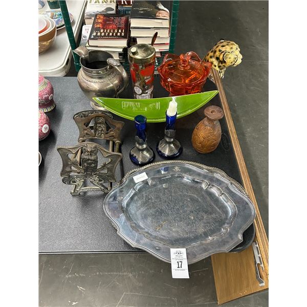 Oval Silverplate Serving Trays 2, Owl Cast Bookstands, Pitcher, Candlesticks, Compote, More