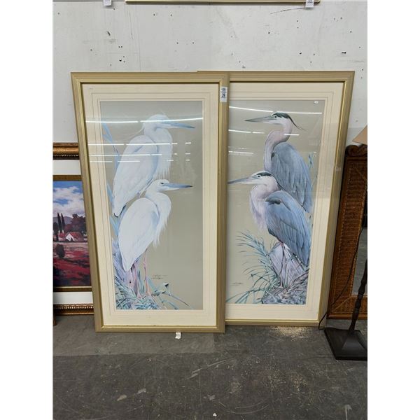 Large Artist Signed Heron Artwork - Pair - 30"  X  60"