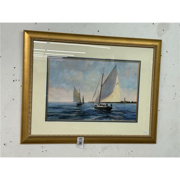 Framed Wall Art of Sailboats At Lighthouse  - Signed Bansbmor - 24"  X  30"