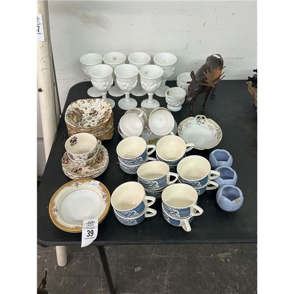 Asst. China Cups, Sauces, Dishes, Milk Glass, Moose Décor
