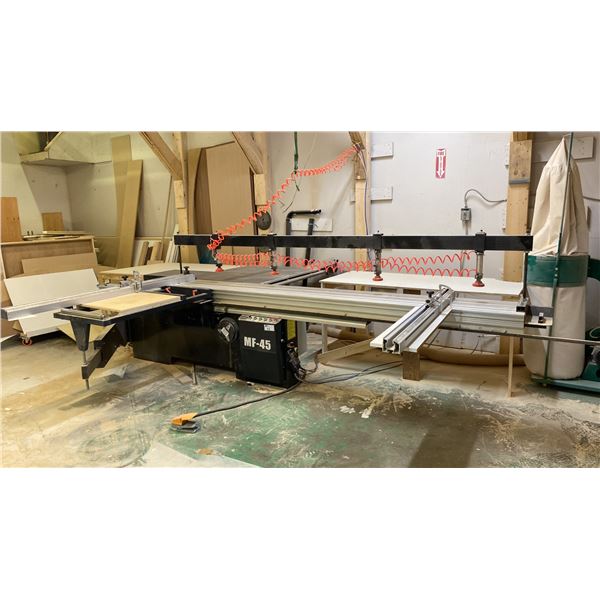 MF-45 INDUSTRIAL GRADE SLIDING TABLE PANEL SAW WITH CUSTOM BUILT WOOD TABLE EXTENSION