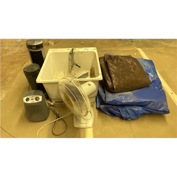 PLASTIC LAUNDRY SINK, 3 ELECTRIC HEATERS, 2 TARPS & 1 OSCILLATING ROOM FAN