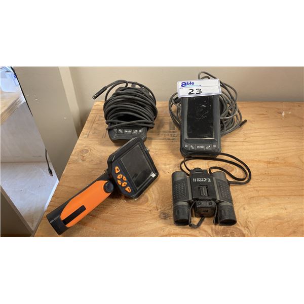 3 HANDHELD BORESCOPE INSPECTION DEVICES & PAIR OF EZ BINO CAM BINOCULARS