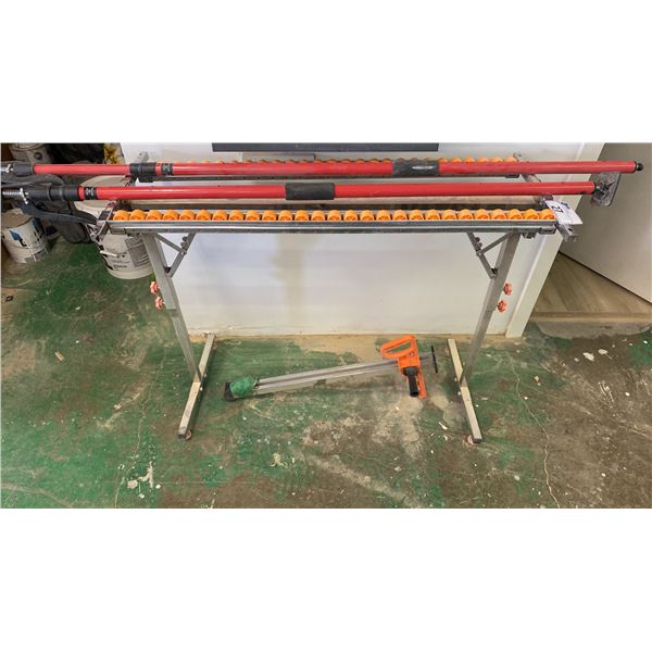 SMALL LIGHT DUTY PORTABLE MATERIAL ROLLER CONVEYOR, 2 SUPPORT POLE JACKS & GYPSUM BOARD CUTTING
