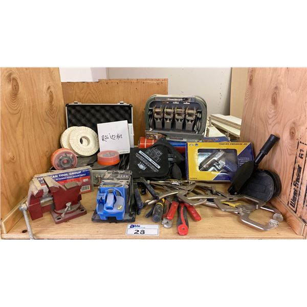 SHELF OF ASSORTED TOOLS, CLAMPS, STRAPS, VICE, INFLATABLE PRY BAR AND LEVELING TOOLS, HIGH SPEED