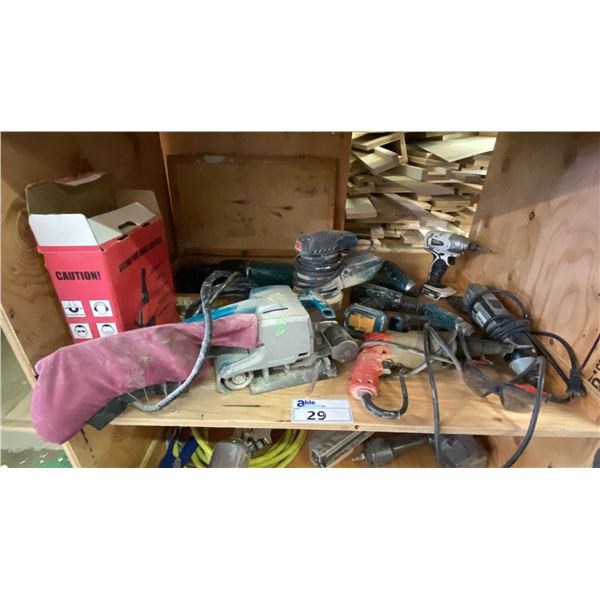 SHELF OF ASSORTED POWER TOOLS & ANGLE GRINDER STAND