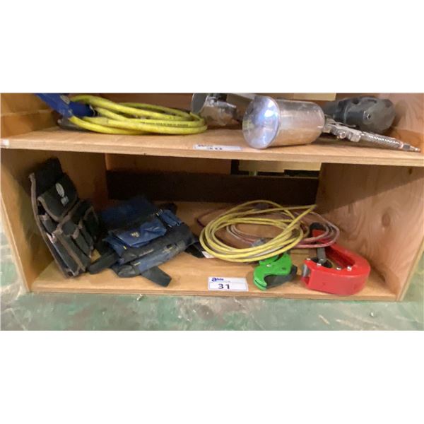 ASSORTED TOOL BAGS, CUTTING TOOLS & EXTENSION CORDS