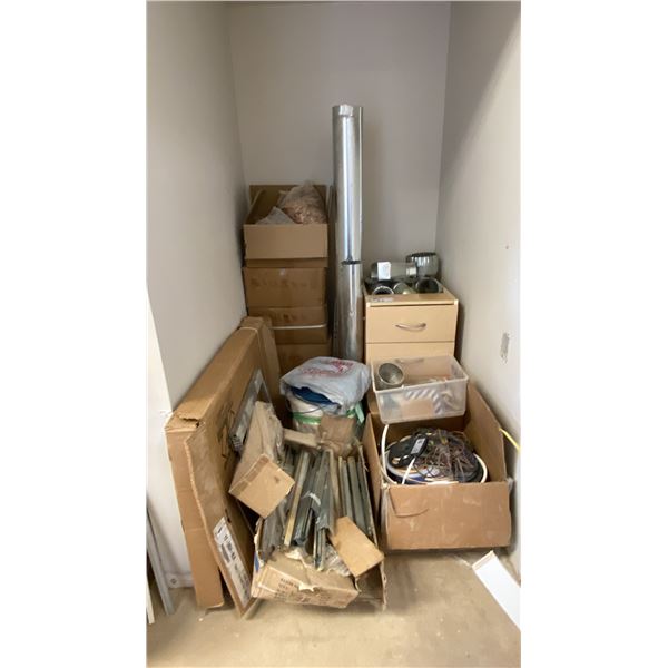 GROUP OF ASSORTED HARDWARE, STRIPPING, LED STRIP LIGHTS, DUCTING COMPONENTS & MORE