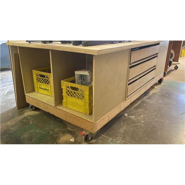 LARGE WOODEN MOBILE SHOP TABLE WITH SMALL MOBILE SHELVING UNIT