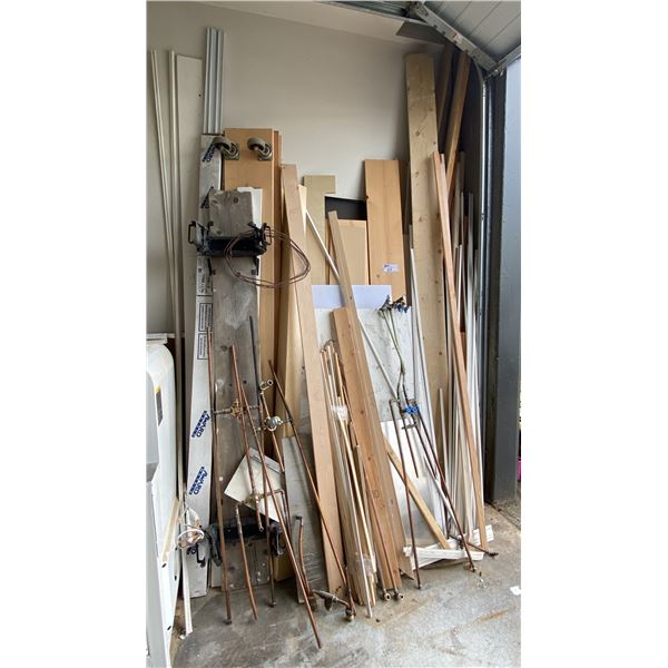 LARGE GROUP OF ASSORTED WOOD, COPPER PIPING, BOARD LUMBER, TRIM PIECES & MORE