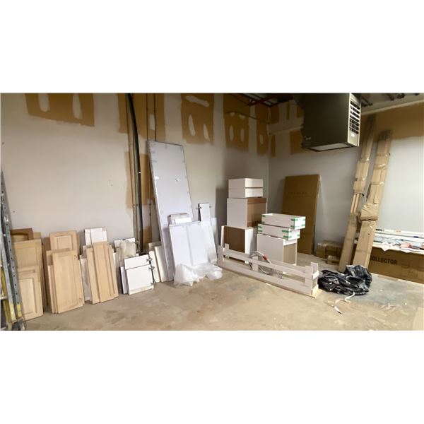LARGE ASSORTMENT OF CABINET DOORS, CABINETS, HARDWARE, PARTS & COMPONENTS
