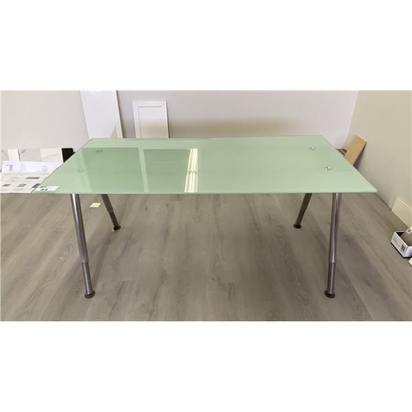 GLASS TOP/CHROME ADJUSTABLE HEIGHT DESK TABLE APPROX 63"L X 31.5"D