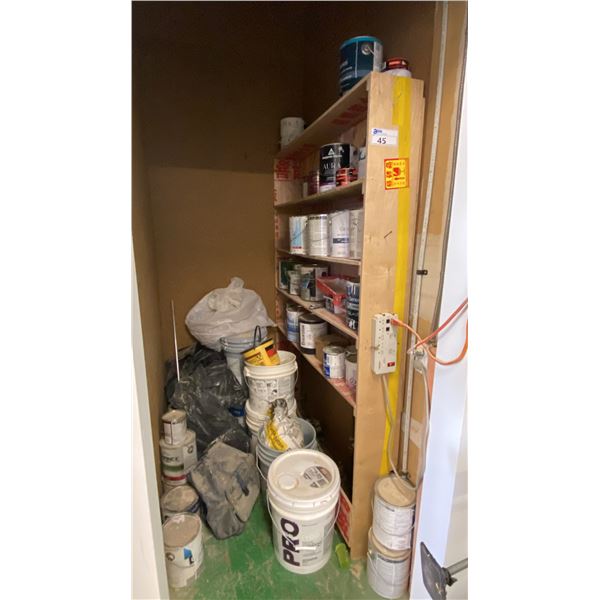 CONTENTS OF CLOSET- ASSORTED PAINTS, STUCCO, PAINTERS TAPE & MORE