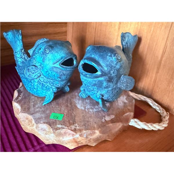 Cast Metal Fish Figurines on Wooden Serving Board