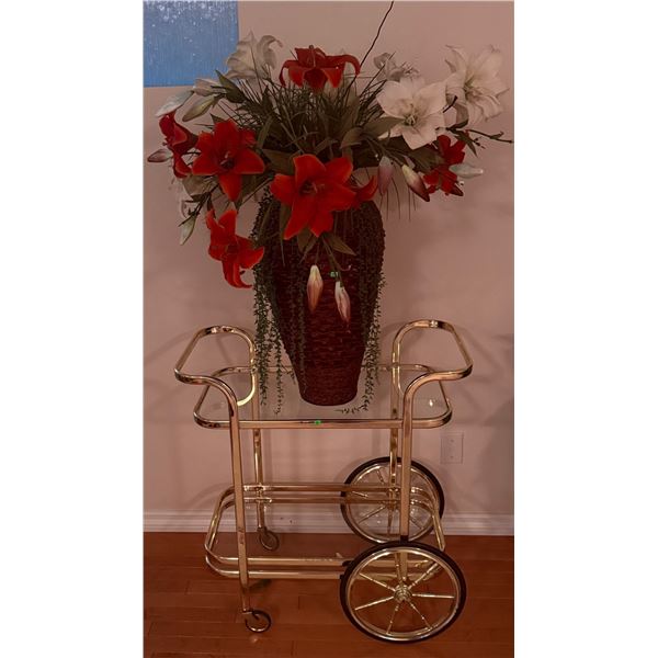 Gold-Tone Metal and Glass Two-Tier Bar Cart with Large Vase and Artificial Flowers