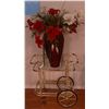 Image 1 : Gold-Tone Metal and Glass Two-Tier Bar Cart with Large Vase and Artificial Flowers