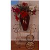 Image 2 : Gold-Tone Metal and Glass Two-Tier Bar Cart with Large Vase and Artificial Flowers