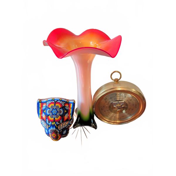 Murano Art Glass Vase, Huichol Beaded Jaguar, Barometer