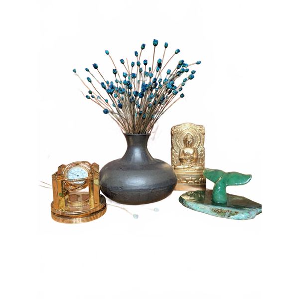 Clay Vase w/ Peacock Foliage Boat Compass Clock Stone Whale Tail, Brass Buddha