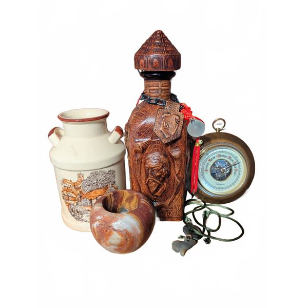 Decorative Lot: Decanter, Ceramic Jug, Pottery Vase, Barometer