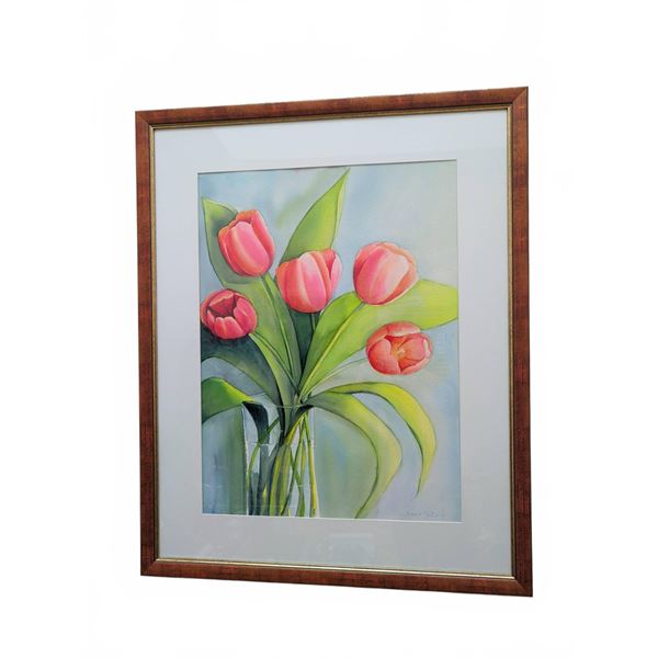 XL Framed Watercolour Painting of Tulips, Signed