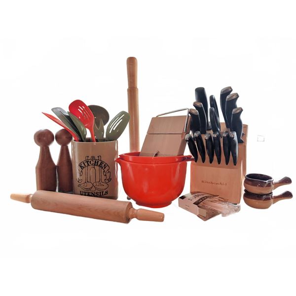 Kitchen Lot With KitchenAid Knife Set, Utensils, Dansk Bowls, and Accessories