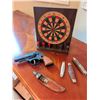 Image 2 : Dartboard, Toy Cap Gun, Pocket Knives and Sheathed Fixed Blade Knife Lot