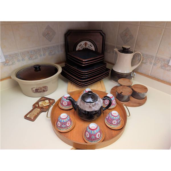 Kitchenware Lot Including Amana Country Cooker, Tea Set, and Sears Plates