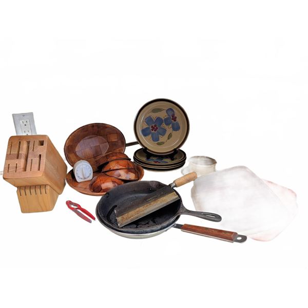 Kitchenware Lot with Hearthside Stoneware, Wood Bowls, Pans
