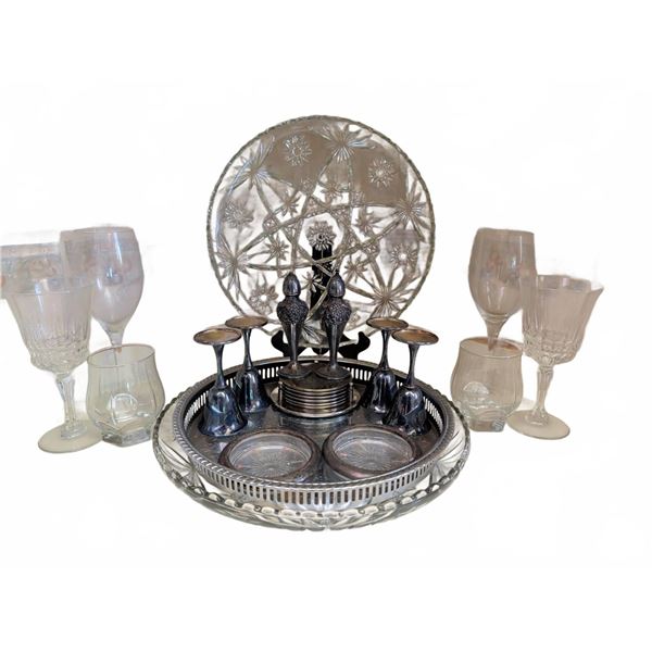 Silver Plate and Glass Barware Set Including Trays and Goblets