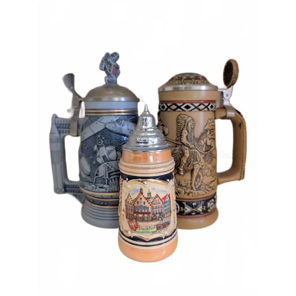 3 Ceramic Beer Steins: Avon Conquest of Space, Avon Indians, German Frankfurt