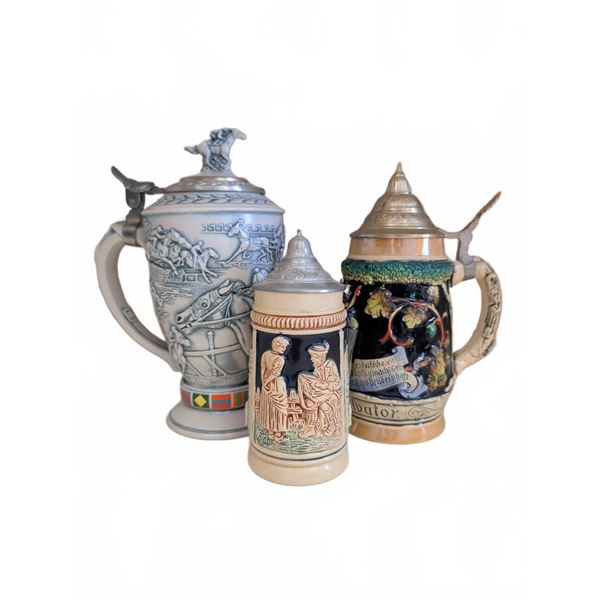 Three Lidded Beer Steins – Avon, German, and Marked 371