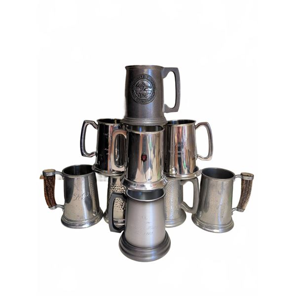 9 English Pewter Tankards With Various Markings