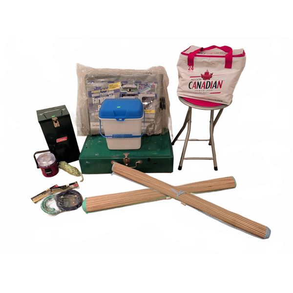 Camper's Collection With Coleman Stove, Lantern, Tarpaulin, Cooler, and Accessories