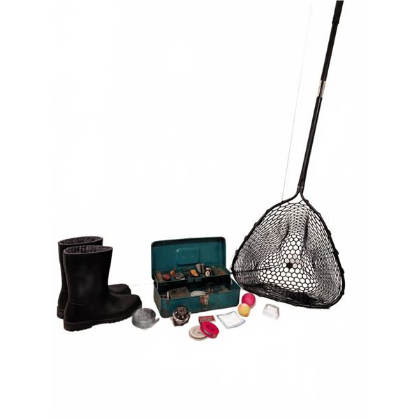 Gibbs Rubber Net, Weather Mate Boots, Tackle Box & Fishing Gear