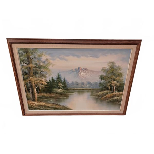 Framed Landscape Painting w/ Mountains & Lake Scene