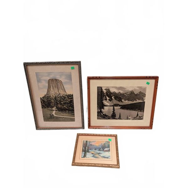Framed Landscape Prints Including Devils Tower and Mountain Lake