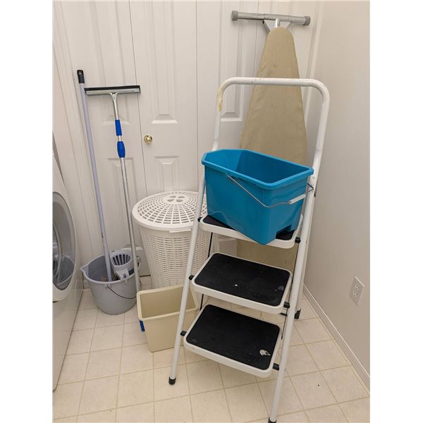 Laundry Room Utility Lot With Ladder, Mop, Bins, and Ironing Board