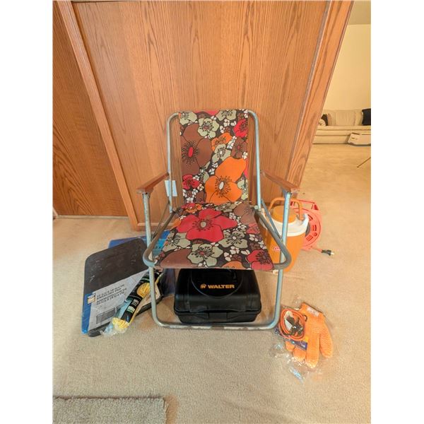 Camping Lot With Folding Chair, Coleman Jug, Tool Box, and Accessories